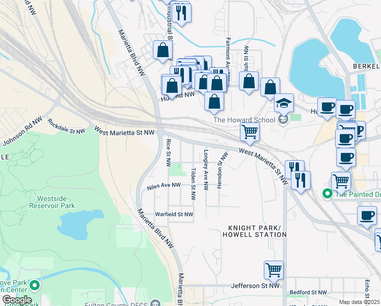 map of restaurants, bars, coffee shops, grocery stores, and more near 1096 Tilden Street Northwest in Atlanta