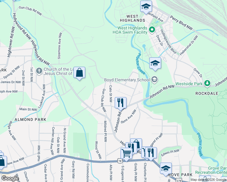map of restaurants, bars, coffee shops, grocery stores, and more near 1060 Cato Street Northwest in Atlanta