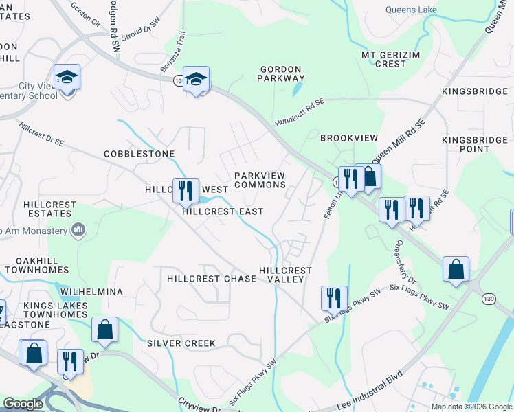 map of restaurants, bars, coffee shops, grocery stores, and more near 6810 Mableton Parkway Southeast in Mableton