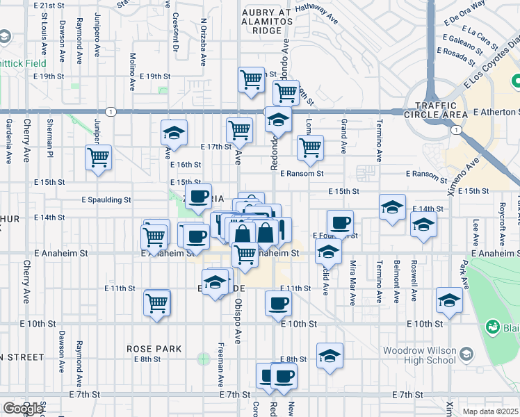 map of restaurants, bars, coffee shops, grocery stores, and more near 1400 Coronado Avenue in Long Beach
