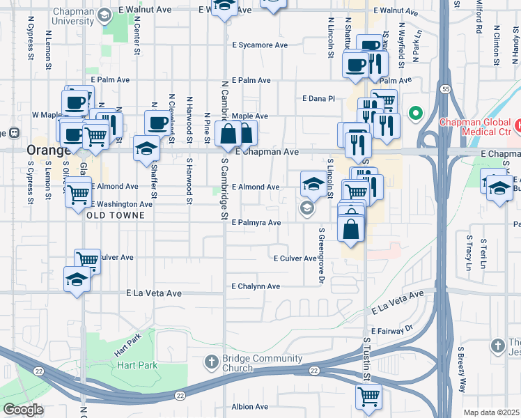 map of restaurants, bars, coffee shops, grocery stores, and more near 1102 East Washington Avenue in Orange