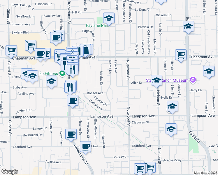 map of restaurants, bars, coffee shops, grocery stores, and more near 12235 Morrie Lane in Garden Grove