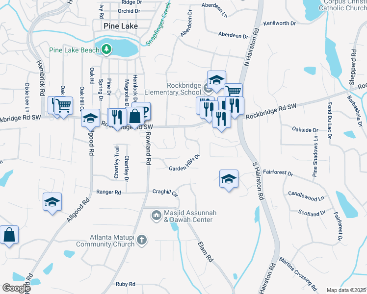 map of restaurants, bars, coffee shops, grocery stores, and more near 4694 Brookspring Way in Stone Mountain