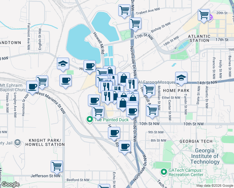 map of restaurants, bars, coffee shops, grocery stores, and more near 663 Ethel Street Northwest in Atlanta