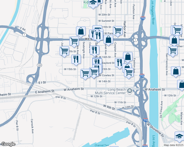 map of restaurants, bars, coffee shops, grocery stores, and more near 1740 West Cowles Street in Long Beach