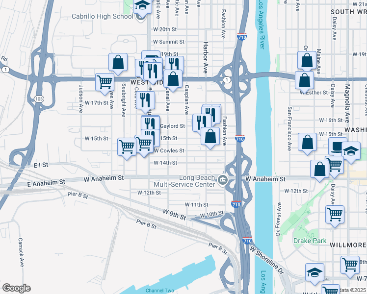 map of restaurants, bars, coffee shops, grocery stores, and more near 1511 West Cowles Street in Long Beach