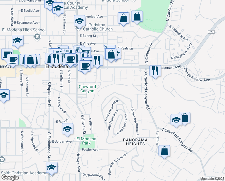 map of restaurants, bars, coffee shops, grocery stores, and more near 12334 Circula Panorama Place in Santa Ana