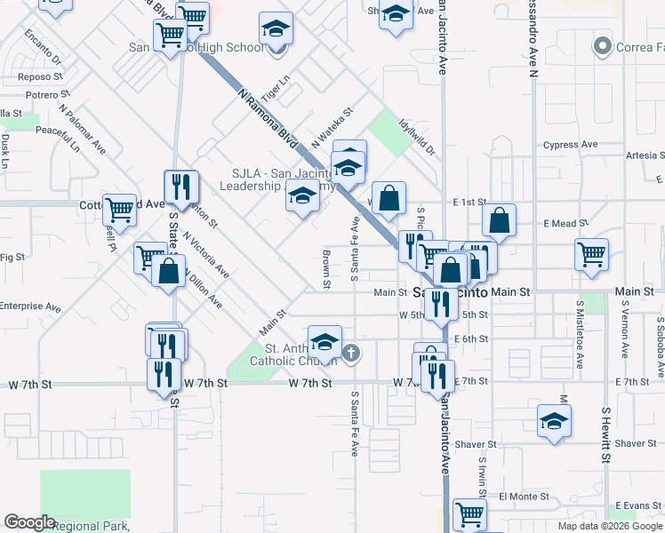 map of restaurants, bars, coffee shops, grocery stores, and more near 289 Brown Street in San Jacinto