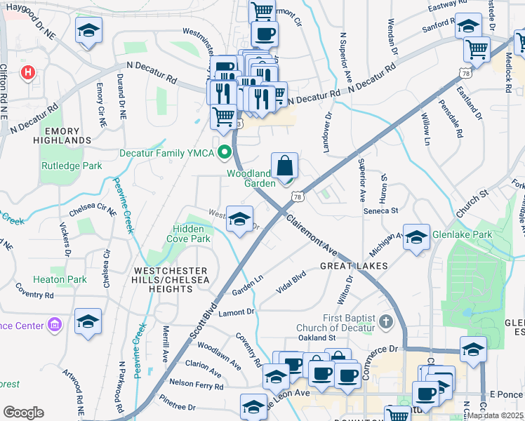 map of restaurants, bars, coffee shops, grocery stores, and more near 920 Clairemont Avenue in Decatur
