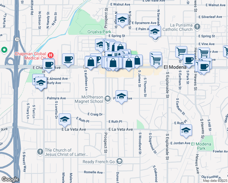 map of restaurants, bars, coffee shops, grocery stores, and more near 259 South Shasta Street in Orange