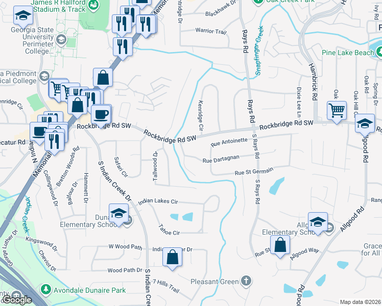 map of restaurants, bars, coffee shops, grocery stores, and more near 4046 Rue Dartagnan in Stone Mountain