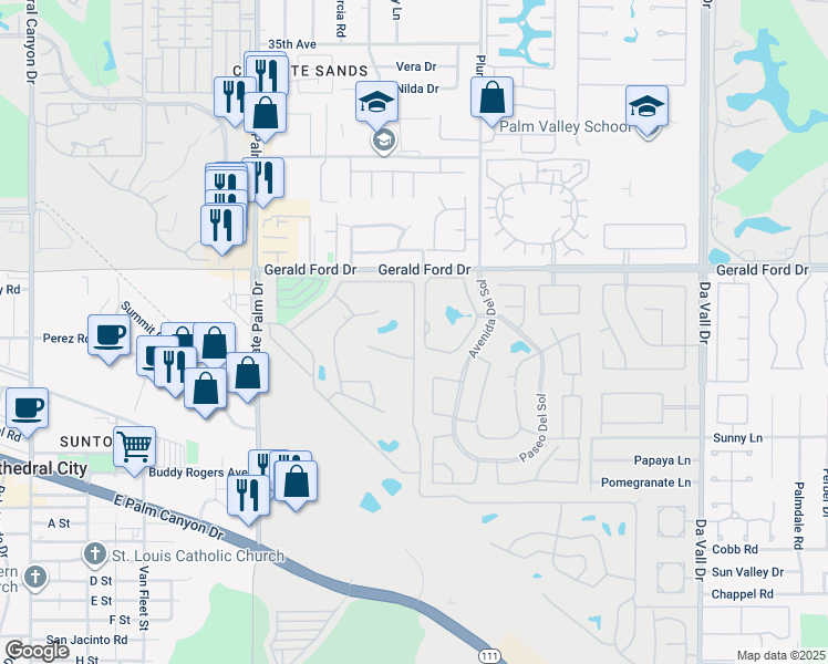 map of restaurants, bars, coffee shops, grocery stores, and more near 61 Paseo Laredo North in Cathedral City