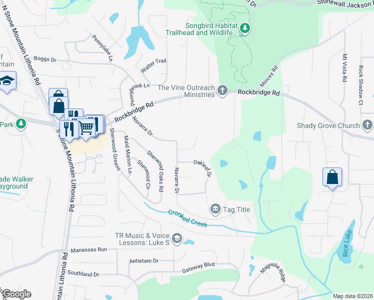 map of restaurants, bars, coffee shops, grocery stores, and more near 5811 Navarre Court in Stone Mountain