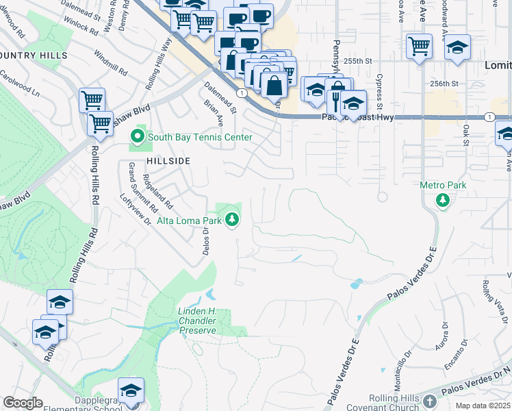 map of restaurants, bars, coffee shops, grocery stores, and more near 73 Chandler Ranch Road in Rolling Hills Estates