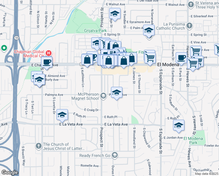 map of restaurants, bars, coffee shops, grocery stores, and more near 259 South Shasta Street in Orange