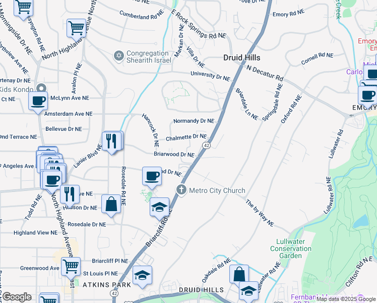 map of restaurants, bars, coffee shops, grocery stores, and more near 1360 Briarwood Drive Northeast in Atlanta