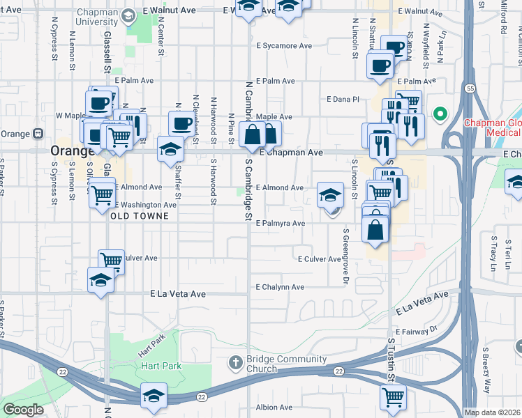 map of restaurants, bars, coffee shops, grocery stores, and more near 1017 East Palmyra Avenue in Orange