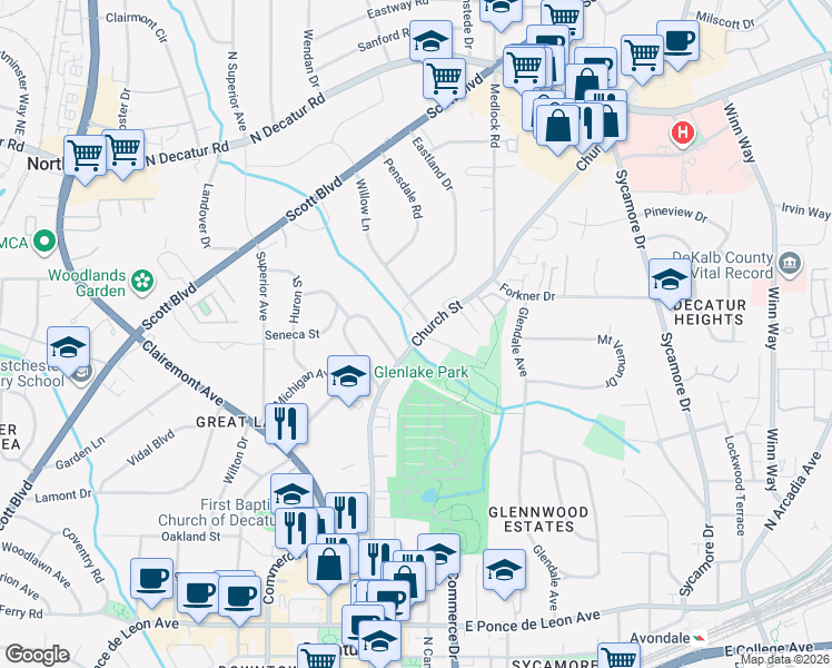map of restaurants, bars, coffee shops, grocery stores, and more near 1179 Church Street in Decatur