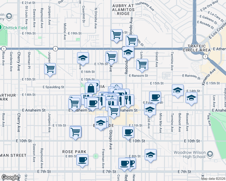 map of restaurants, bars, coffee shops, grocery stores, and more near 1424 Obispo Avenue in Long Beach