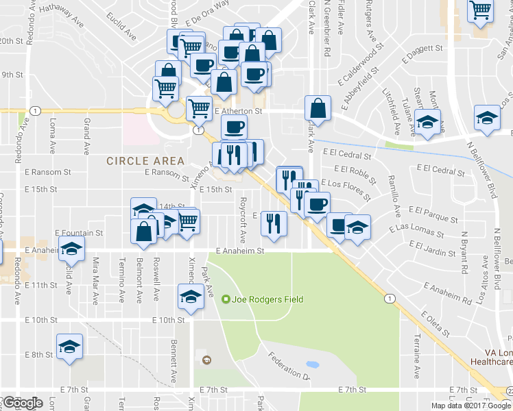 map of restaurants, bars, coffee shops, grocery stores, and more near 800 Orizaba Avenue in Long Beach