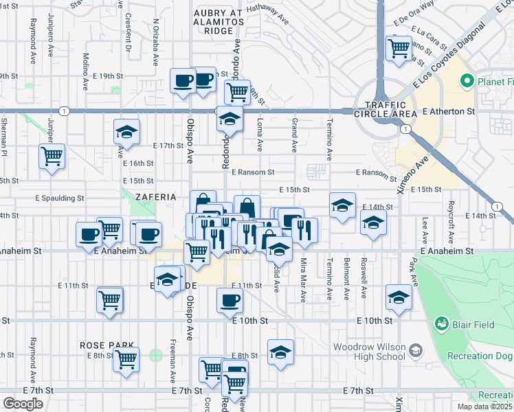 map of restaurants, bars, coffee shops, grocery stores, and more near 1401 Loma Avenue in Long Beach