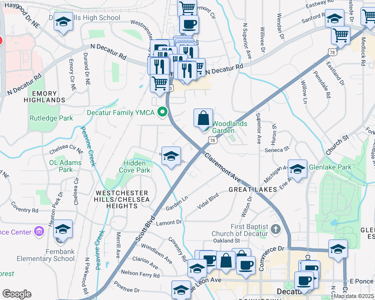 map of restaurants, bars, coffee shops, grocery stores, and more near 920 Clairemont Avenue in Decatur