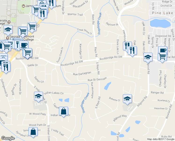 map of restaurants, bars, coffee shops, grocery stores, and more near 4144 Rue Dartagnan in Stone Mountain