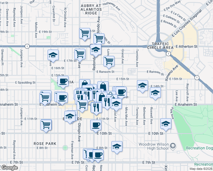 map of restaurants, bars, coffee shops, grocery stores, and more near 1401 Loma Avenue in Long Beach