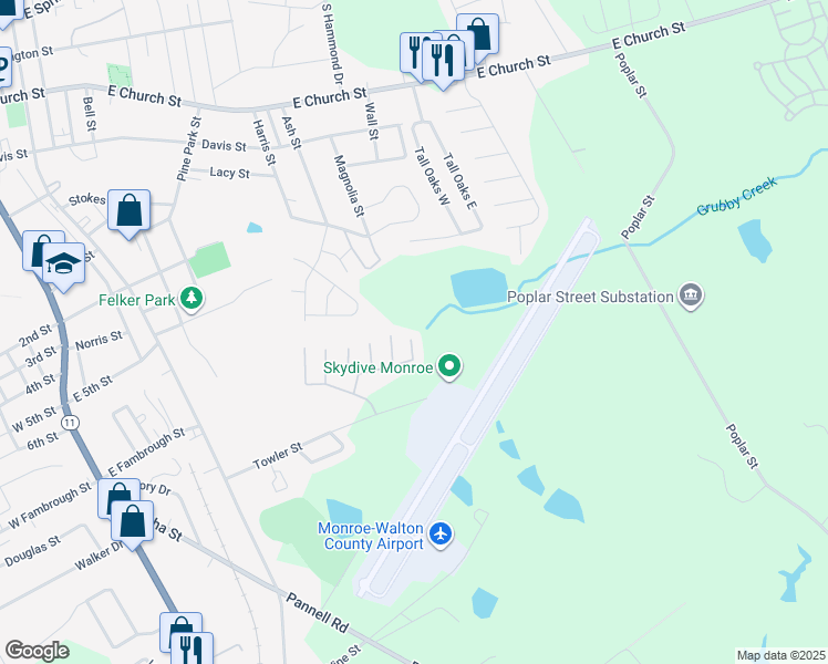 map of restaurants, bars, coffee shops, grocery stores, and more near 1043 Wheel House Lane in Monroe