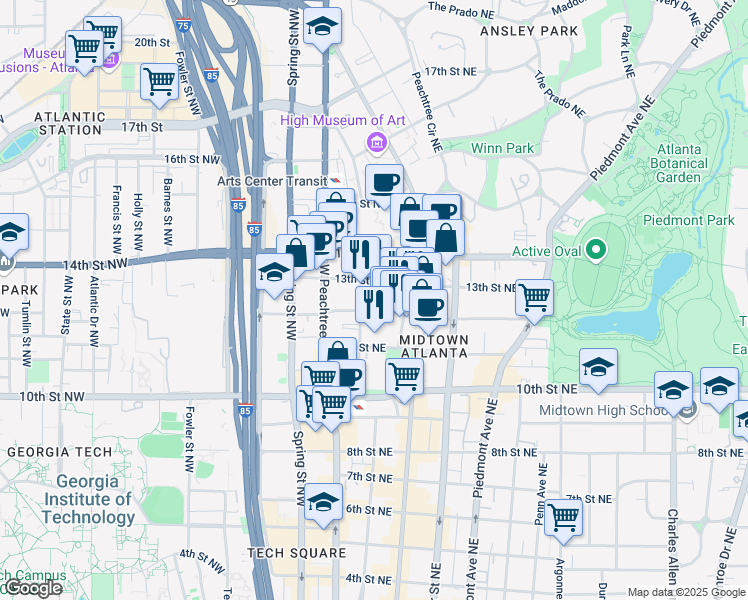 map of restaurants, bars, coffee shops, grocery stores, and more near 60 12th Street Northwest in Atlanta