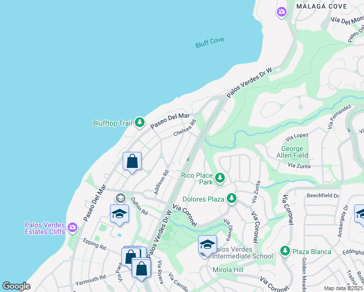 map of restaurants, bars, coffee shops, grocery stores, and more near 1520 Addison Road in Palos Verdes Estates