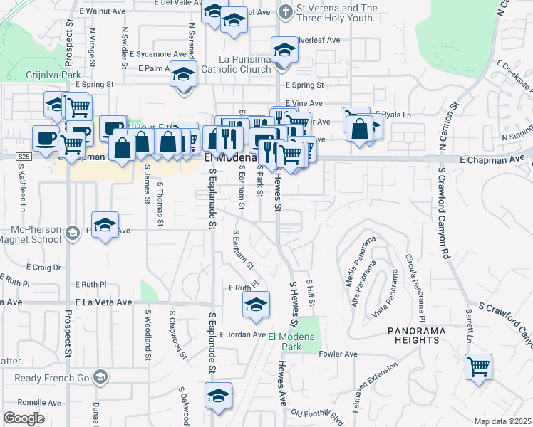 map of restaurants, bars, coffee shops, grocery stores, and more near 259 South Park Street in Orange