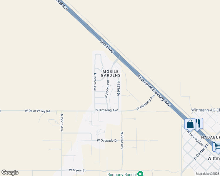 map of restaurants, bars, coffee shops, grocery stores, and more near 22326 West Mellow Street in Wittmann