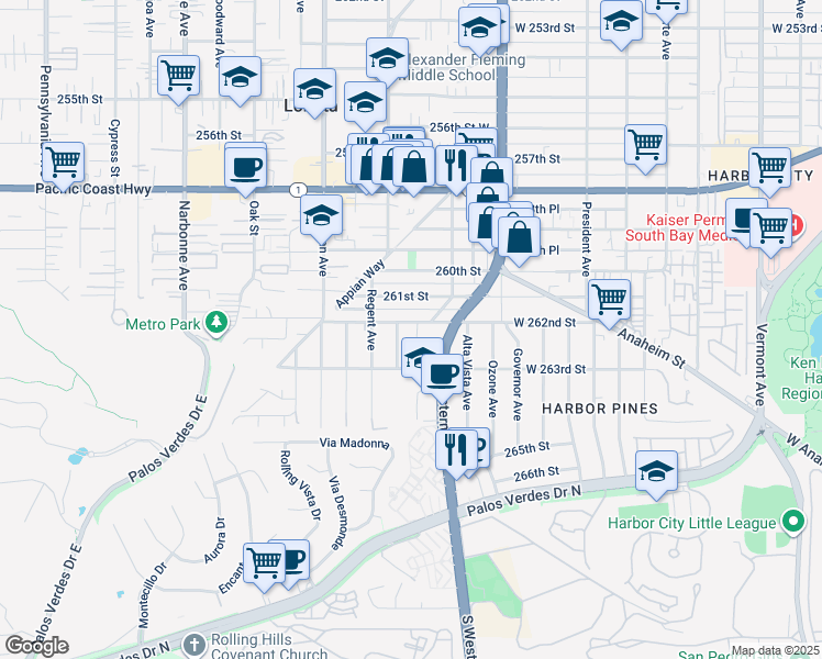 map of restaurants, bars, coffee shops, grocery stores, and more near 1854 262nd Street in Lomita