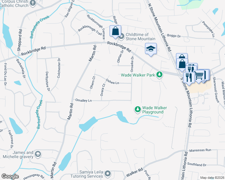 map of restaurants, bars, coffee shops, grocery stores, and more near 5450 Oquinn Court in Stone Mountain