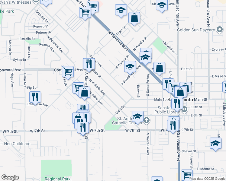 map of restaurants, bars, coffee shops, grocery stores, and more near 220 North Brinton Street in San Jacinto