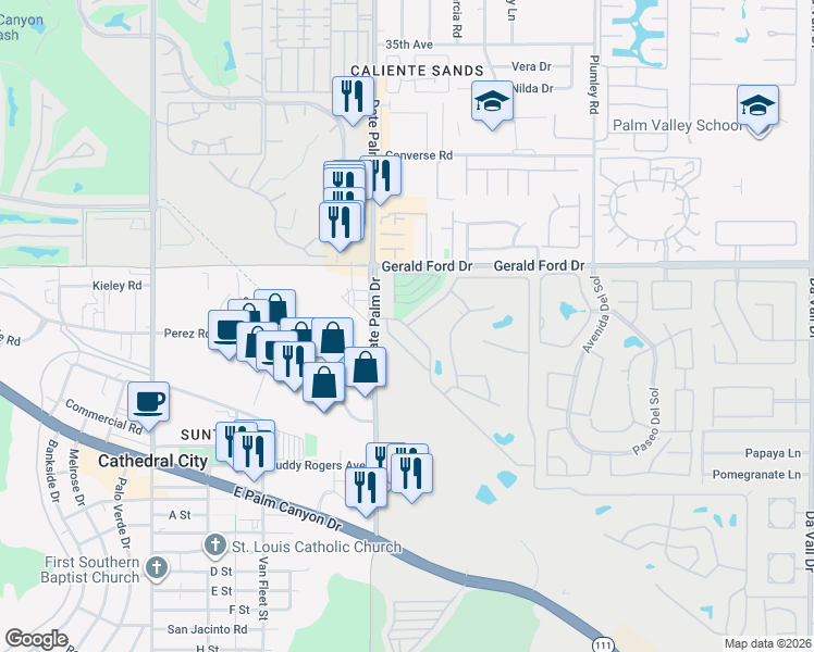 map of restaurants, bars, coffee shops, grocery stores, and more near 126 Vía Valverde in Cathedral City