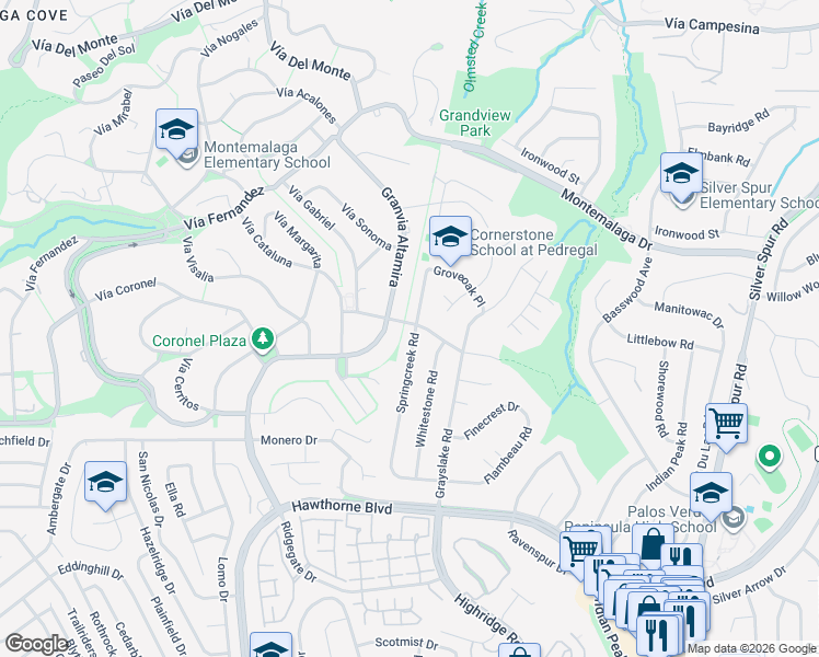 map of restaurants, bars, coffee shops, grocery stores, and more near 26919 Springcreek Road in Rancho Palos Verdes