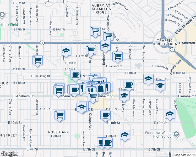 map of restaurants, bars, coffee shops, grocery stores, and more near 1424 Coronado Avenue in Long Beach