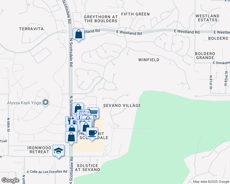 map of restaurants, bars, coffee shops, grocery stores, and more near 32874 North 74th Way in Scottsdale