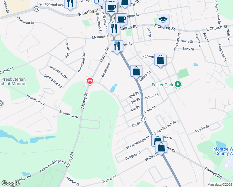 map of restaurants, bars, coffee shops, grocery stores, and more near 200 Barrett Street in Monroe