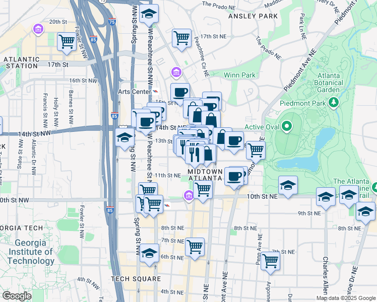 map of restaurants, bars, coffee shops, grocery stores, and more near 1100 Peachtree Street Northeast in Atlanta