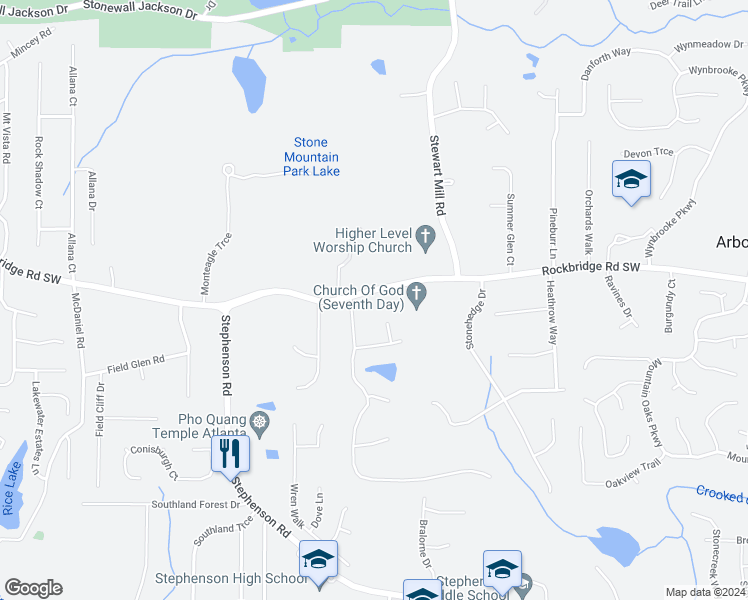map of restaurants, bars, coffee shops, grocery stores, and more near 6715 Rockbridge Road Southwest in Stone Mountain