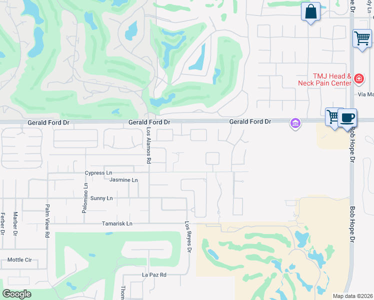 map of restaurants, bars, coffee shops, grocery stores, and more near 7 Spyglass Circle in Rancho Mirage