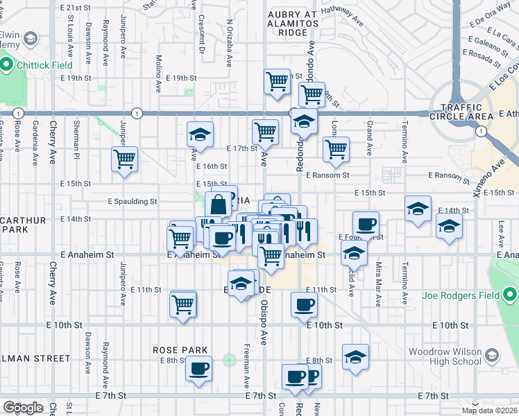 map of restaurants, bars, coffee shops, grocery stores, and more near 1431 Obispo Avenue in Long Beach