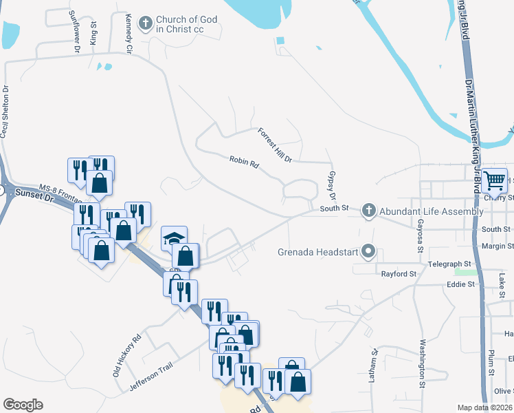 map of restaurants, bars, coffee shops, grocery stores, and more near 896 South Sundown Drive in Grenada