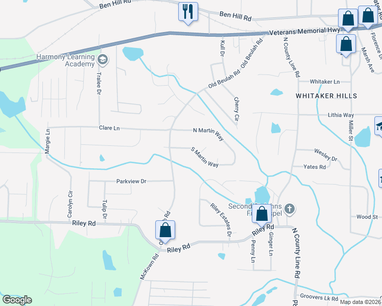 map of restaurants, bars, coffee shops, grocery stores, and more near 4200 South Martin Way in Lithia Springs