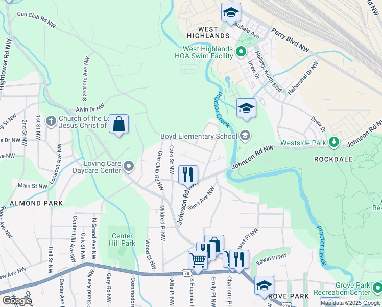 map of restaurants, bars, coffee shops, grocery stores, and more near 2030 Lois Place Northwest in Atlanta