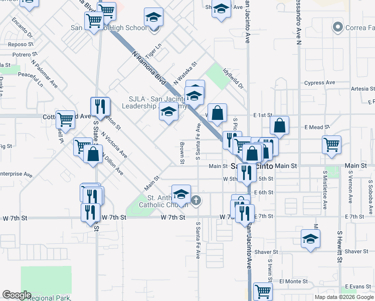 map of restaurants, bars, coffee shops, grocery stores, and more near 289 Brown Street in San Jacinto