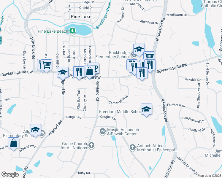 map of restaurants, bars, coffee shops, grocery stores, and more near 4598 Arborwalk Court in Stone Mountain